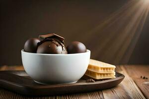 chocolate eggs in a bowl on a wooden table. AI-Generated photo