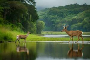 two deer standing in the water near a river. AI-Generated photo