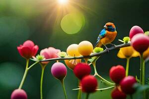 a colorful bird sits on a branch of flowers. AI-Generated photo