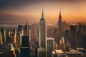 the empire state building is seen in the background as the sun sets. AI-Generated photo