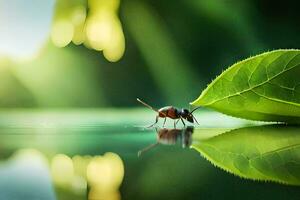 a small insect is standing on a leaf. AI-Generated photo