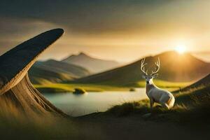 photo wallpaper the sky, the sun, the mountains, the deer, the landscape, the deer. AI-Generated