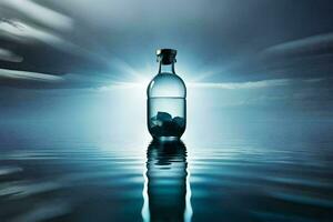 a bottle of water in the ocean with a sun shining in the background. AI-Generated photo