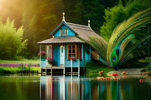 a house with peacock feathers on the roof and a pond. AI-Generated photo