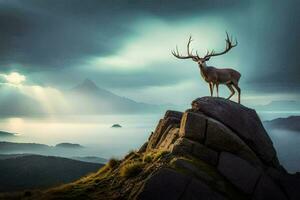 a deer stands on top of a mountain with a cloudy sky. AI-Generated photo