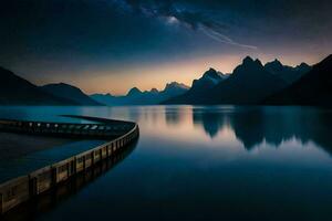 un muelle a el borde de un lago con montañas en el antecedentes. generado por ai foto