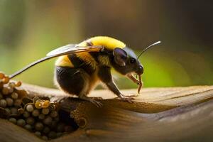 un abeja es sentado en un rama con un manojo de flores generado por ai foto