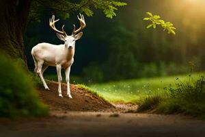 un blanco ciervo soportes en el medio de un bosque. generado por ai foto
