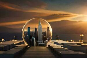 a city inside a glass ball with a sunset behind it. AI-Generated photo