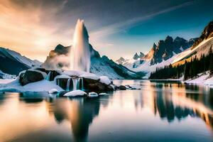 a waterfall in the mountains with snow on the ground. AI-Generated photo