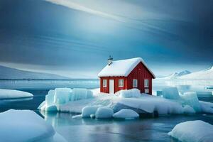 un pequeño rojo casa se sienta en un iceberg. generado por ai foto