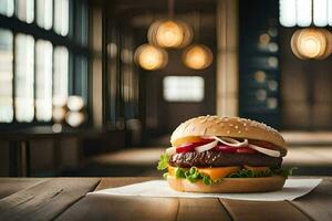 a hamburger sitting on top of a wooden table. AI-Generated photo