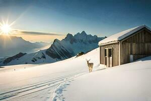 un ciervo soportes en frente de un cabina en el nieve. generado por ai foto