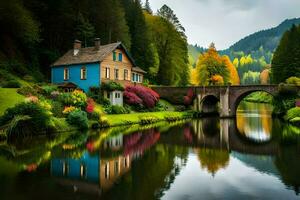 a house sits on the side of a river with colorful trees. AI-Generated photo