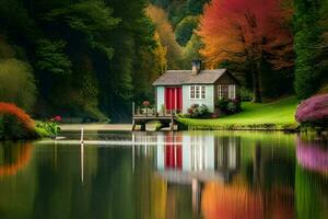 a small house sits on the edge of a lake. AI-Generated photo