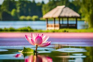 lotus flower in water with a gazebo in the background. AI-Generated photo