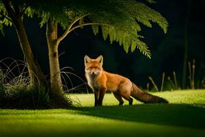 a fox stands in the grass near a tree. AI-Generated photo