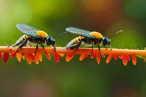 two yellow and black bees sitting on a stem. AI-Generated photo