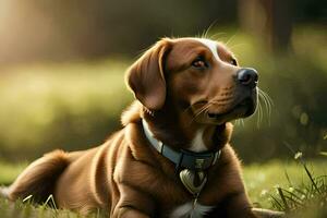 un marrón perro es tendido en el césped. generado por ai foto