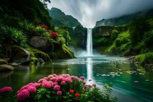 the waterfall in the jungle. AI-Generated photo