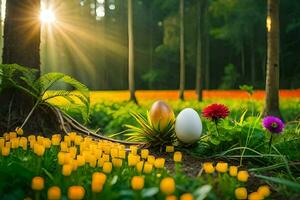 easter egg in the middle of a field with flowers. AI-Generated photo