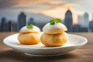two small pastries on a plate with a cityscape in the background. AI-Generated photo