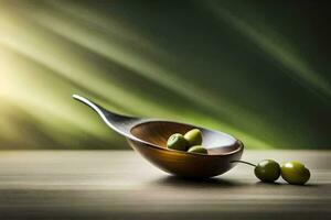 olives in a wooden spoon on a table. AI-Generated photo