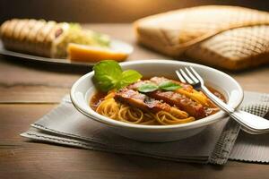 spaghetti with meat and bread on a wooden table. AI-Generated photo