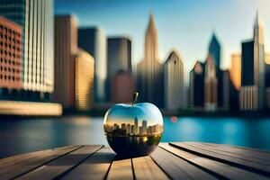 an apple sitting on a table in front of a city skyline. AI-Generated photo