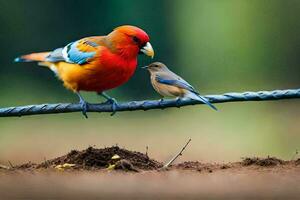 a colorful bird sits on a wire. AI-Generated photo