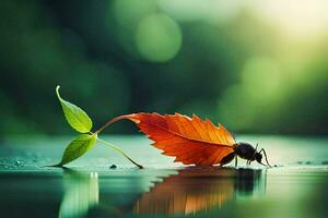 a beetle and a leaf are sitting on the water. AI-Generated photo