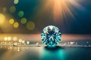 a diamond on a table with a bright light. AI-Generated photo