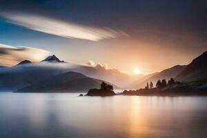the sun rises over a mountain range and lake. AI-Generated photo