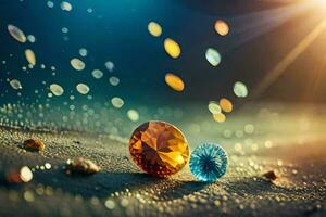 two colorful gems on the beach with bubbles. AI-Generated photo