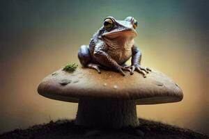 a frog sits on top of a mushroom. AI-Generated photo