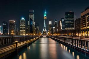 el eiffel torre y el ciudad horizonte a noche. generado por ai foto