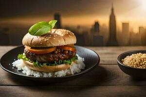 a hamburger with rice and vegetables on a plate. AI-Generated photo