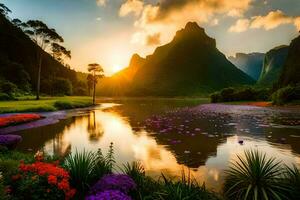 sunset over a lake with flowers and mountains. AI-Generated photo
