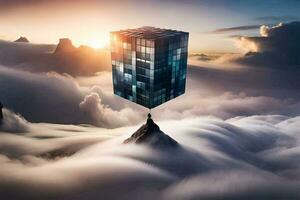 un hombre en pie en parte superior de un montaña con un cubo en el cielo. generado por ai foto