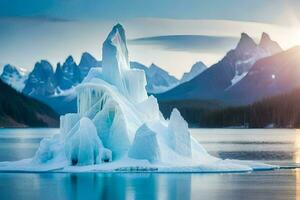 icebergs in the water with mountains in the background. AI-Generated photo