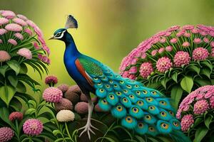 a painting of a peacock standing in front of pink flowers. AI-Generated photo