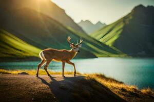 a deer stands on the edge of a lake in front of mountains. AI-Generated photo