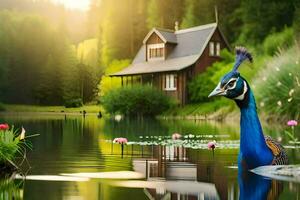 a peacock is standing in the water near a house. AI-Generated photo