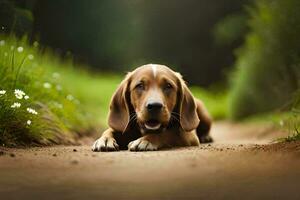 a dog laying on the ground in the middle of a field. AI-Generated photo