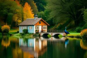 a house sits on the edge of a lake with a blue bird. AI-Generated photo