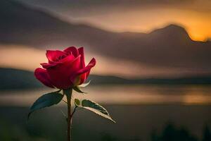a single red rose is in front of a lake and mountains. AI-Generated photo