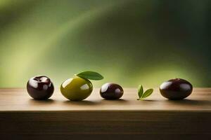 three different types of olives on a wooden table. AI-Generated photo