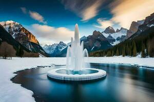 a fountain in the middle of a lake surrounded by mountains. AI-Generated photo