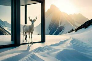 a deer stands in front of a window looking out at the mountains. AI-Generated photo