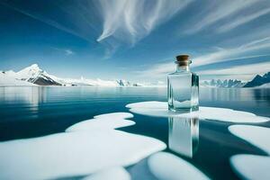 a bottle of alcohol in the middle of an iceberg. AI-Generated photo